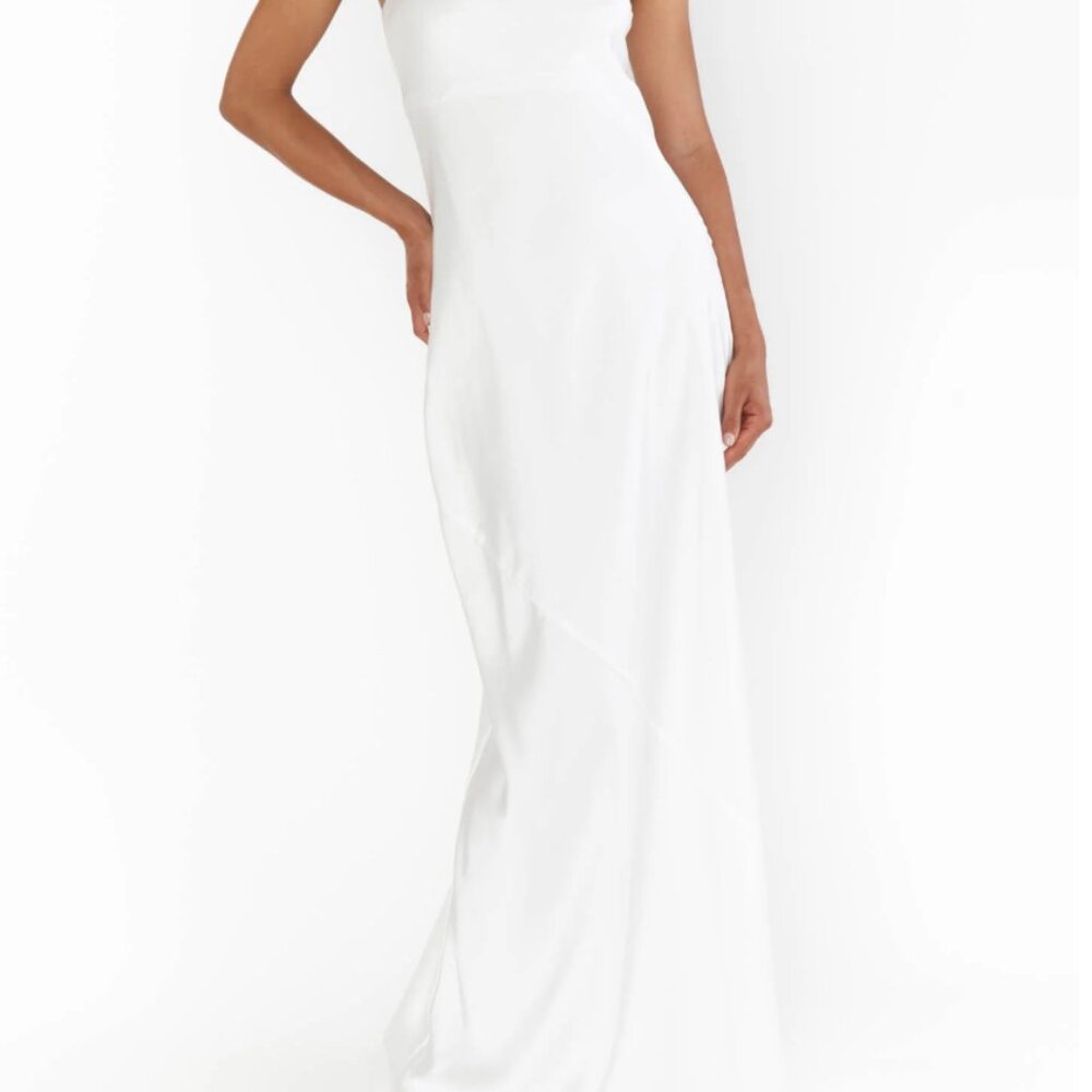 Show Me Your Mumu Taylor Tube Maxi Dress Ivory Luxe Satin Size S NWT